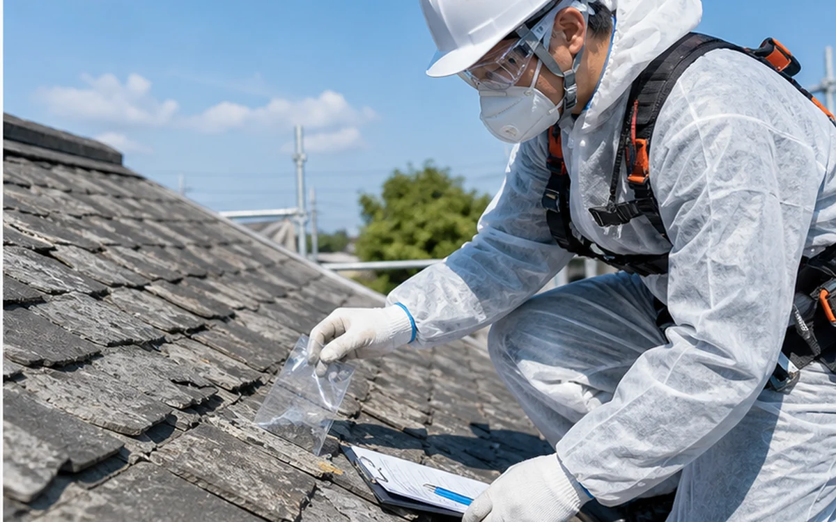 古いスレート屋根を安全装備で確認する職人の生成写真