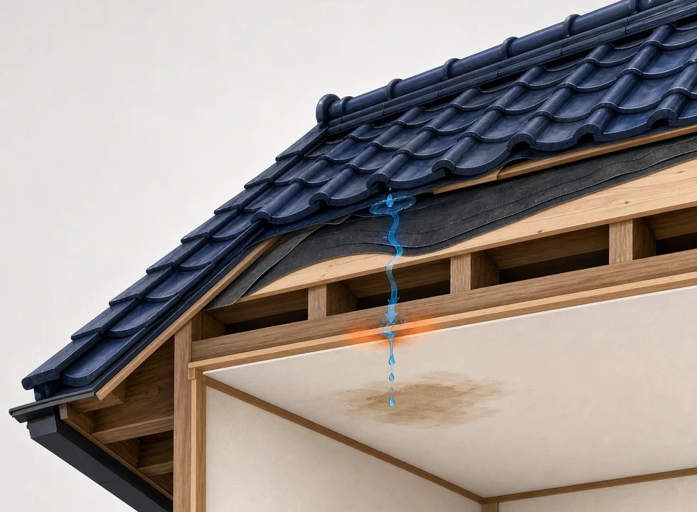 屋根から室内へ雨水が進む流れを示す生成イラスト