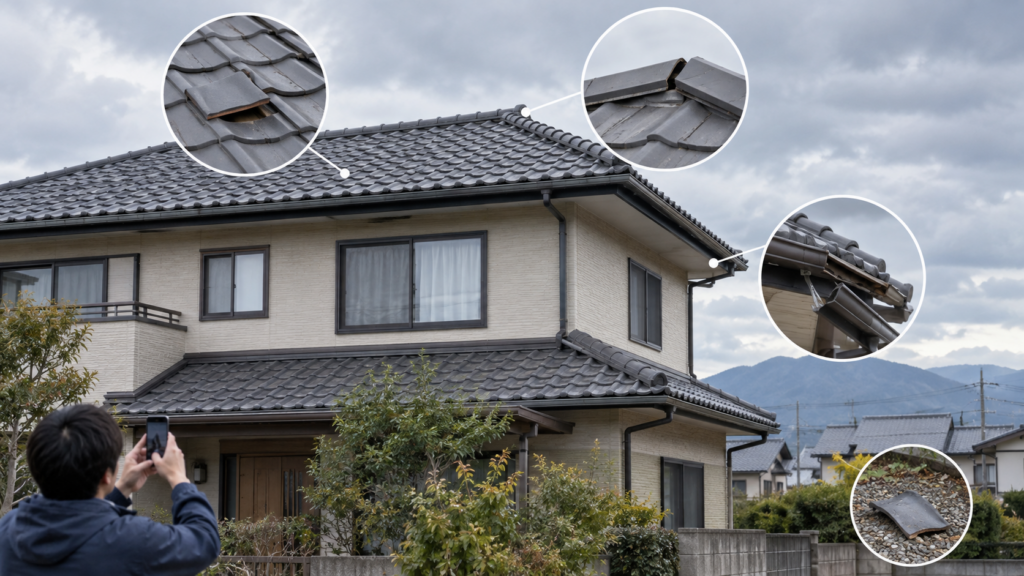 強風後に地上から屋根を確認する様子と、瓦・棟・雨樋の変化を示した説明用の生成イメージ