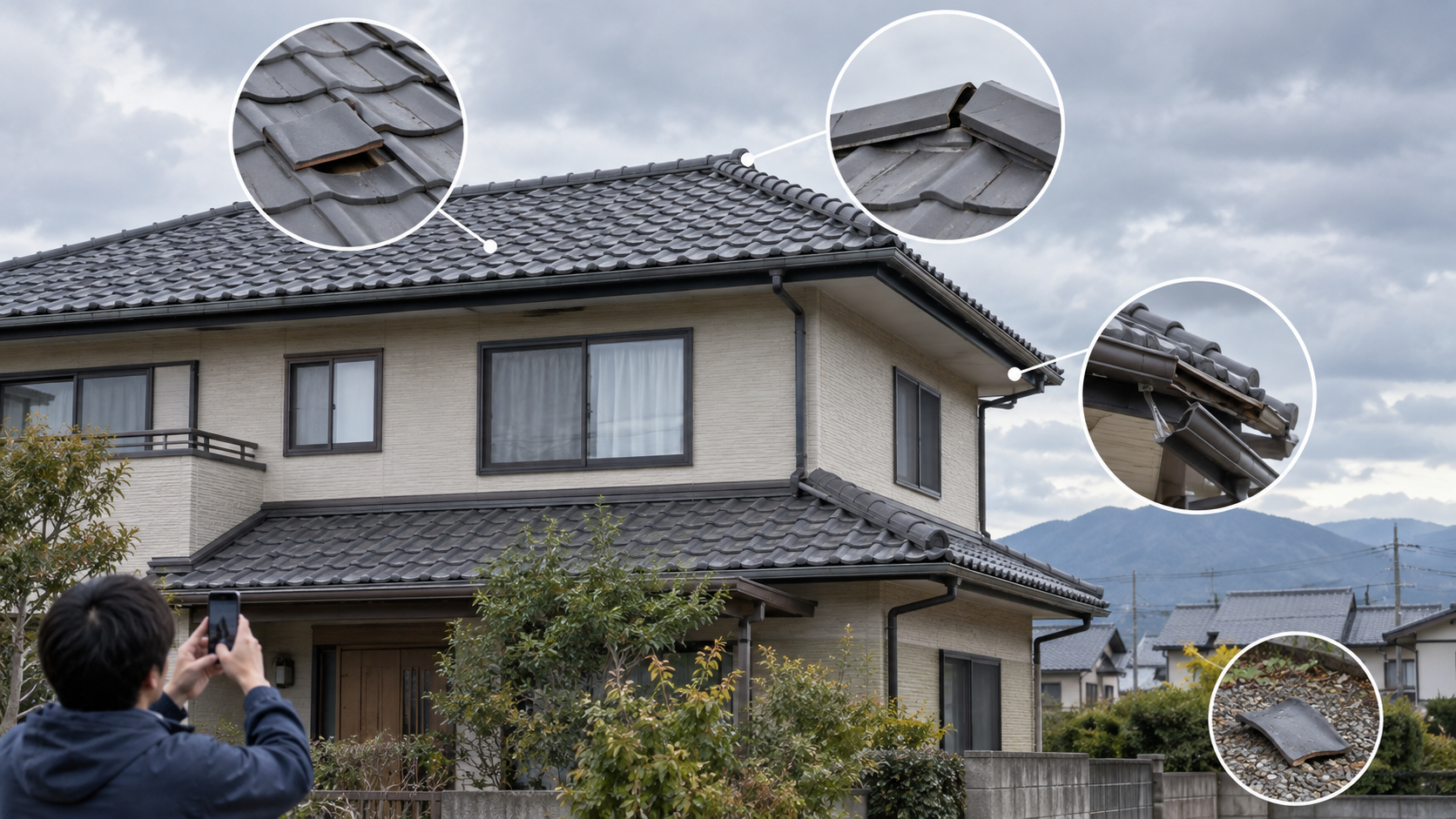 強風後に地上から屋根を確認する様子と、瓦・棟・雨樋の変化を示した説明用の生成イメージ